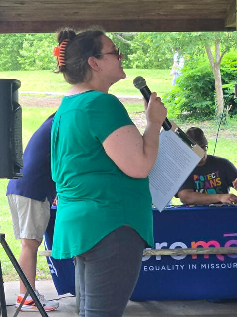 Local candidate (Brenna Barksdale for MO 163) speaks at Together We Win rally